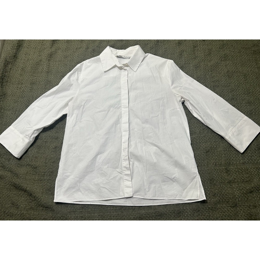 ZARA White Cotton Blend Button Down Shirt Women's Size Small